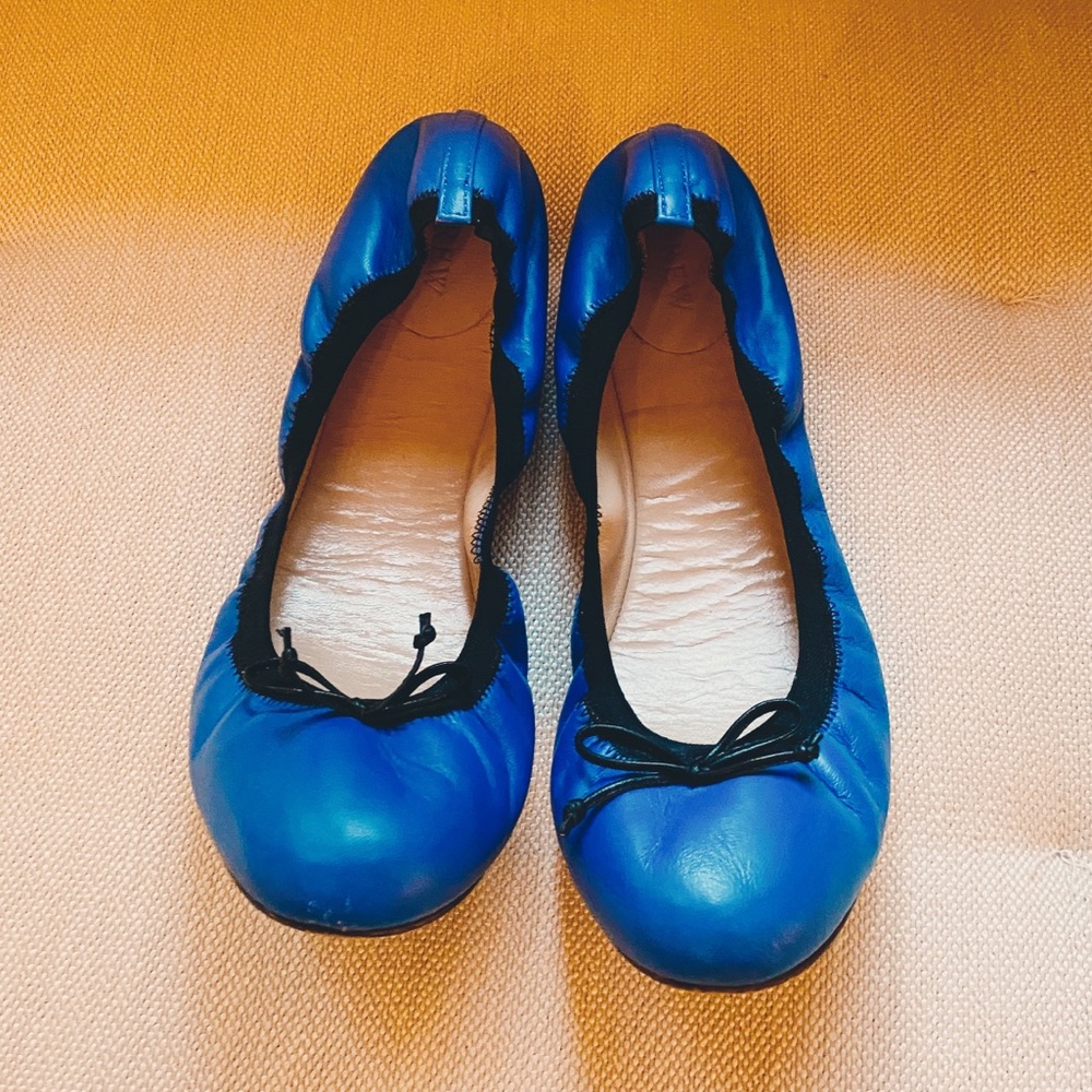 Cobalt blue with black elastic ballet flats.